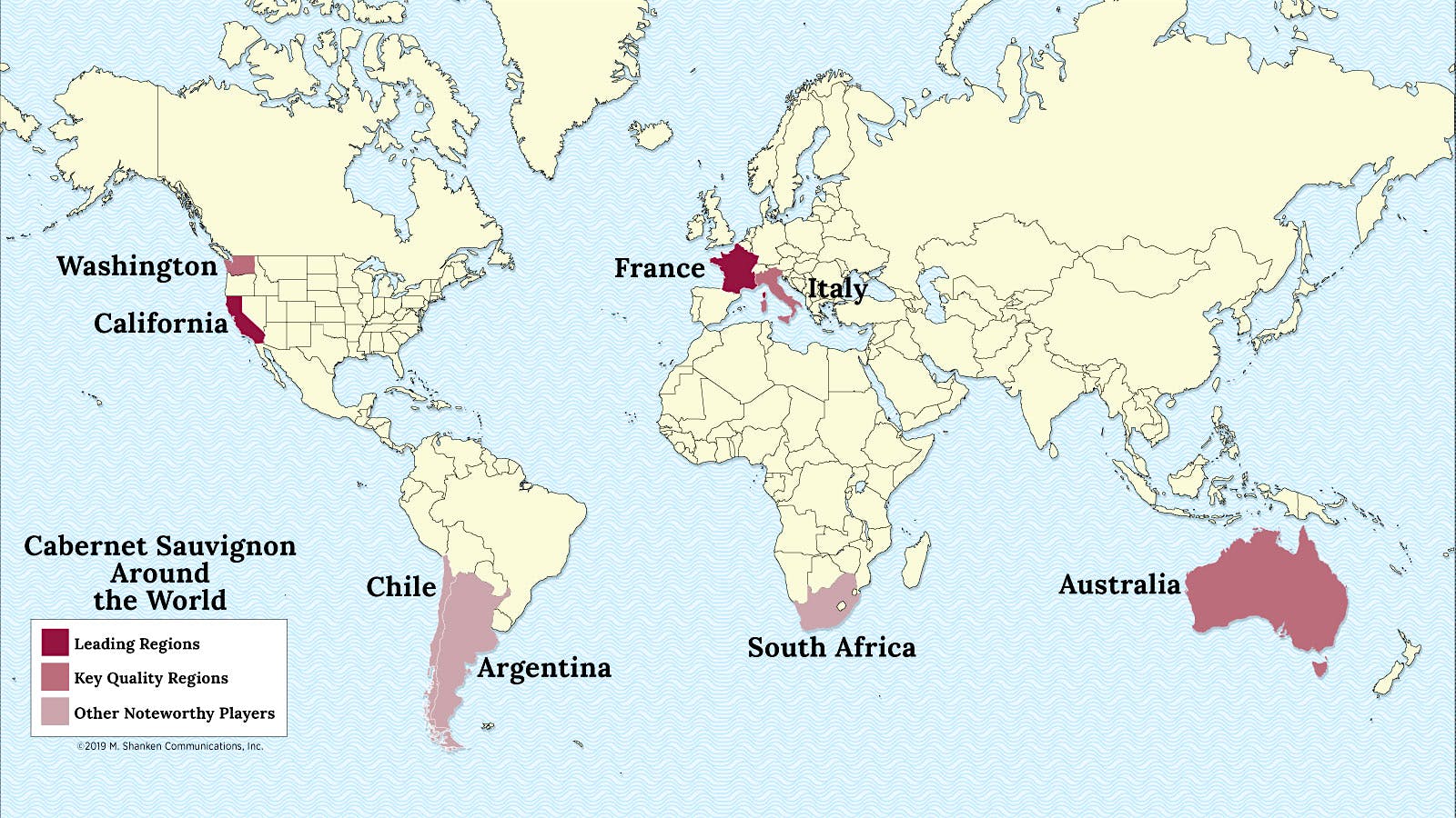 A map of the world with France, California, Italy, Australia, Washington, South Africa, Chile and Argentina highlighted
