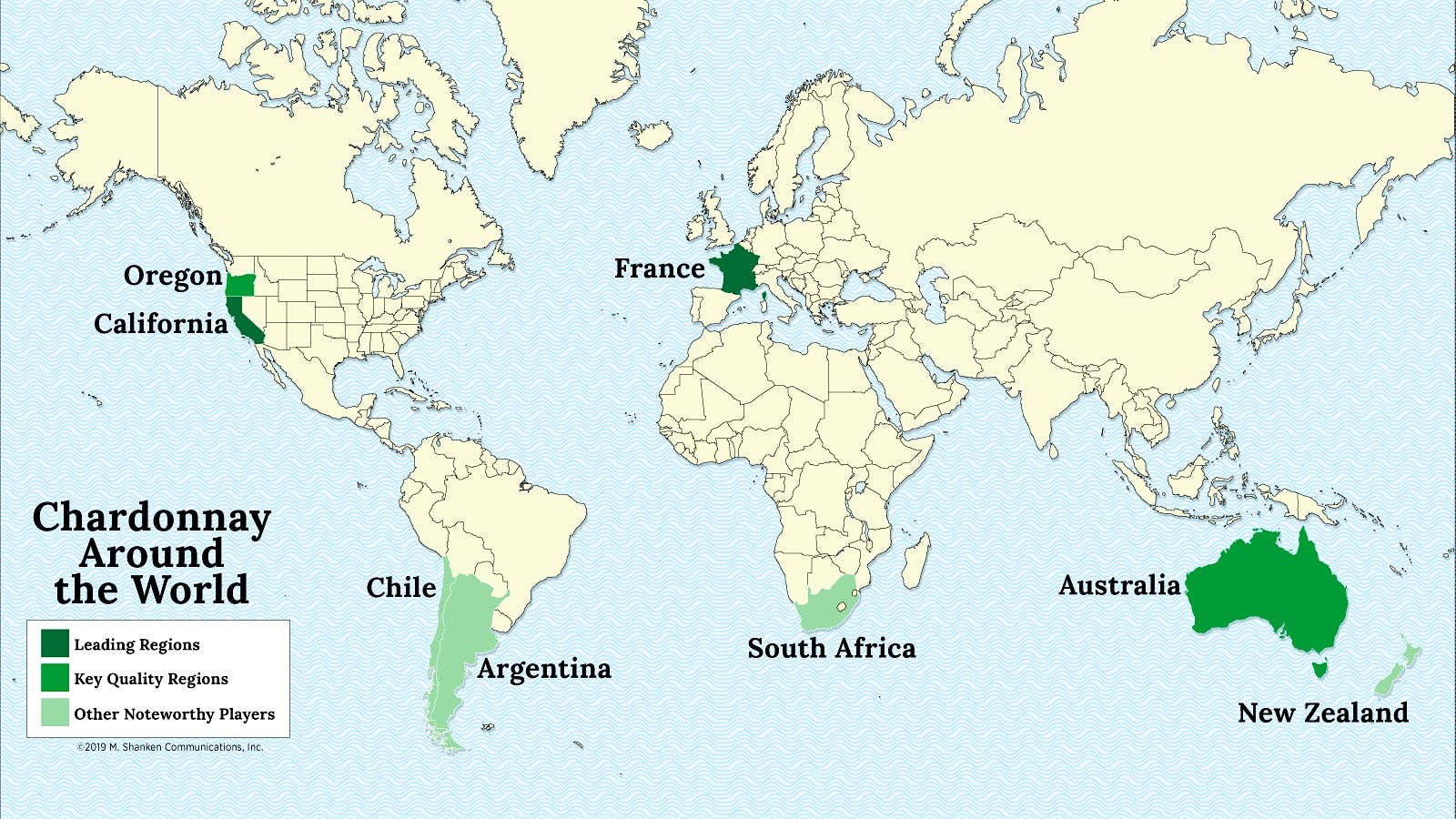 A map of the world with France, California, Oregon, Australia, New Zealand, South Africa, Chile and Argentina highlighted