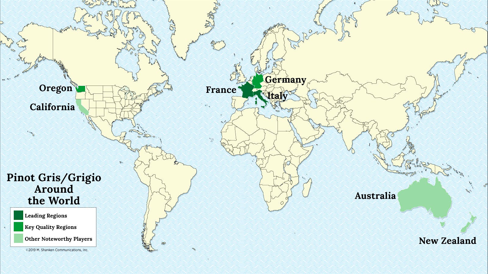 A map of the world with France, Italy, Germany, Oregon, California and Australia highlighted