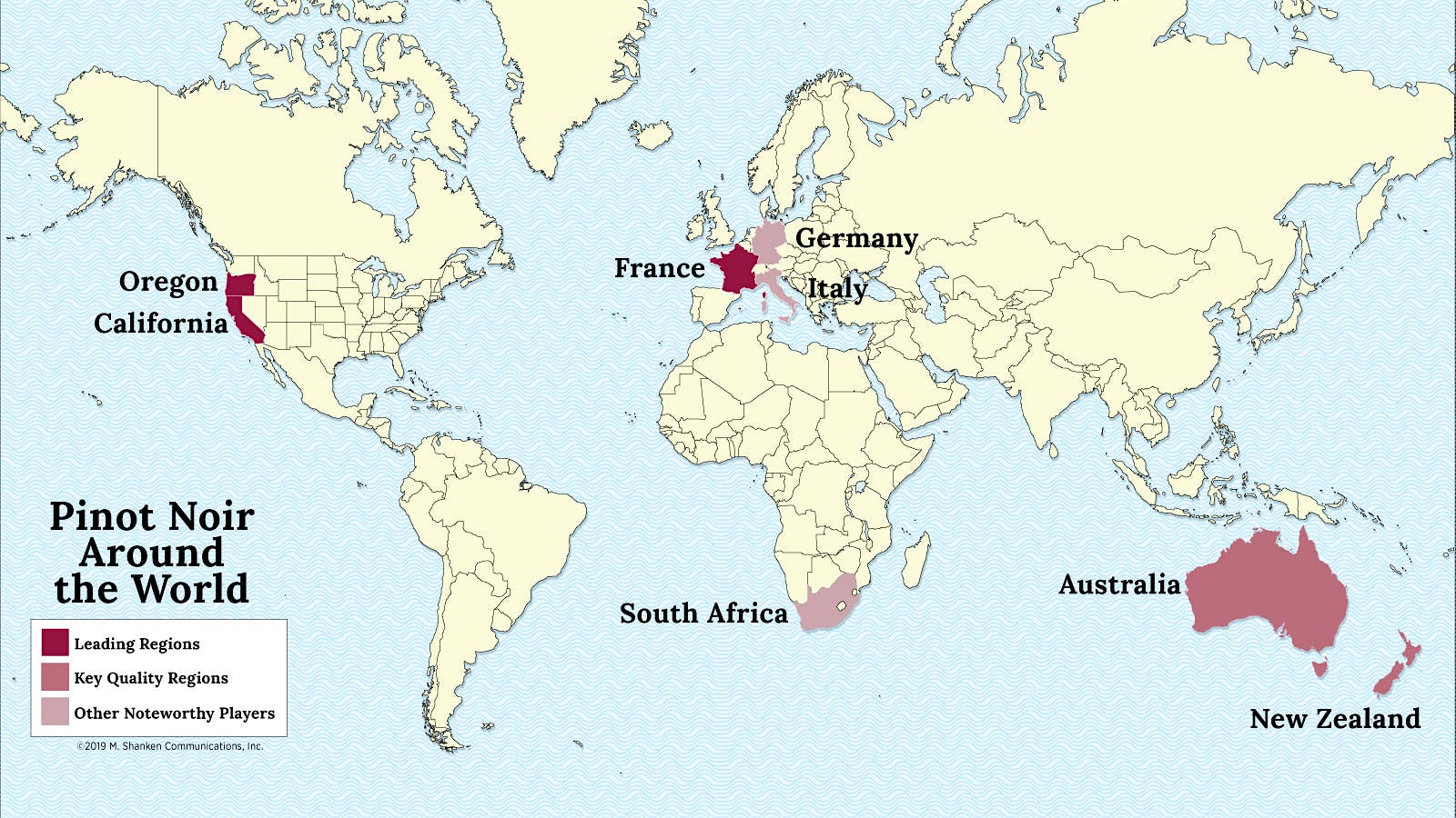 A map of the world with France, Oregon, California, Australia, Germany, Italy and South Africa highlighted