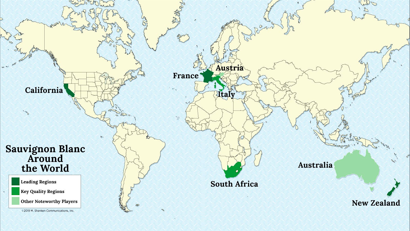 A map of the world with France, New Zealand, California, South Africa, Italy, Austria and Australia highlighted